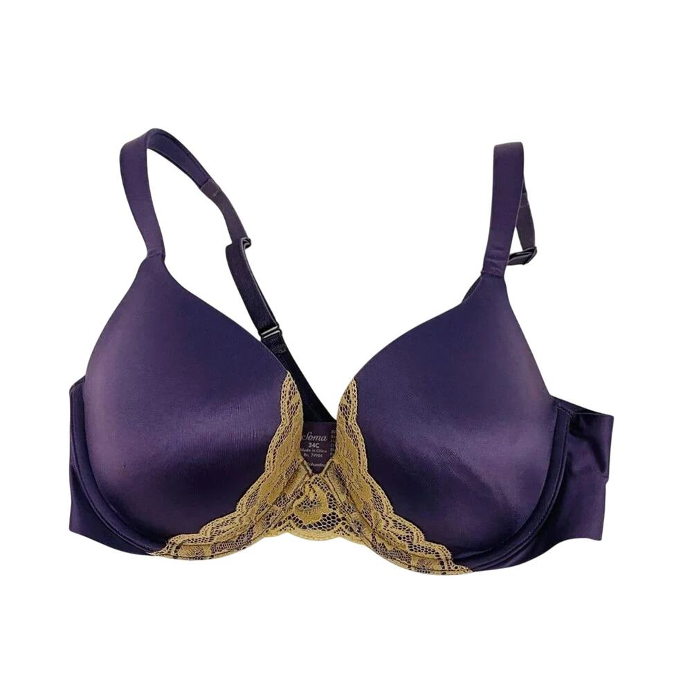 Soma Enhancing Shape Full Coverage Bra Satin Purple with Cream Lace 34C
